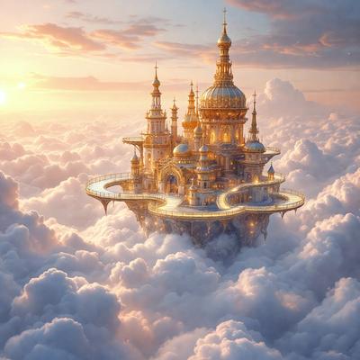 Primary subject: A castle made of gold and glass, floating in the clouds.

Setting/background: The castle is floating in a cloudy sky, with a beautiful and whimsical atmosphere.

Visual style: The image is a digital art or illustration, showcasing the castle's intricate design and the clouds' ethereal quality.

Colors and mood: The castle is predominantly gold and white, with a touch of blue from the sky. The overall mood is one of fantasy and wonder, as the castle appears to be floating in the clouds.